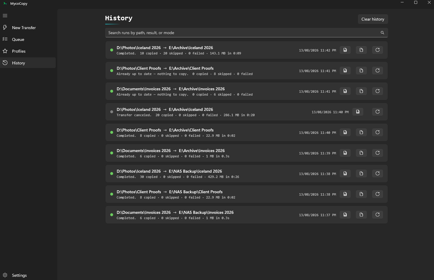 The MycoCopy History screen listing completed transfer runs with files copied, skipped, failed, size and duration