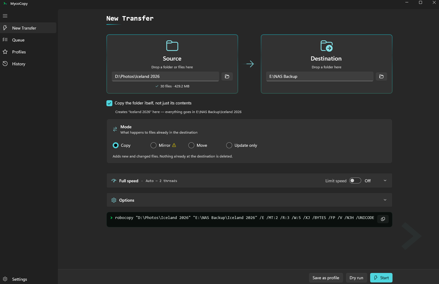 The MycoCopy New Transfer screen: source and destination drop zones, transfer mode selection, and speed settings