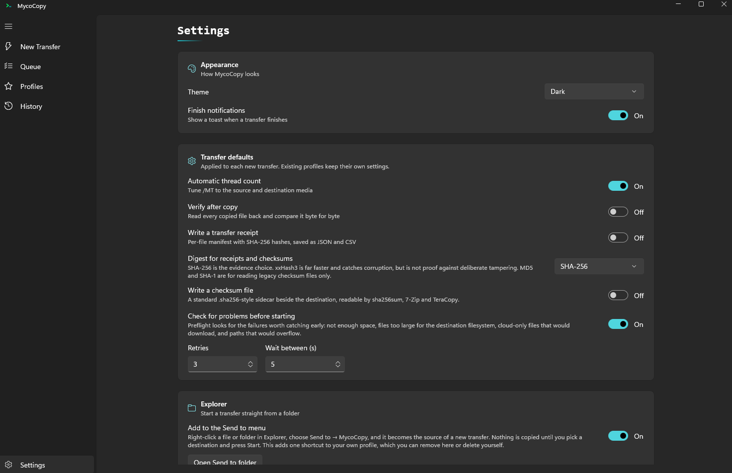 The MycoCopy Settings screen showing verification, transfer receipt, checksum digest and preflight options