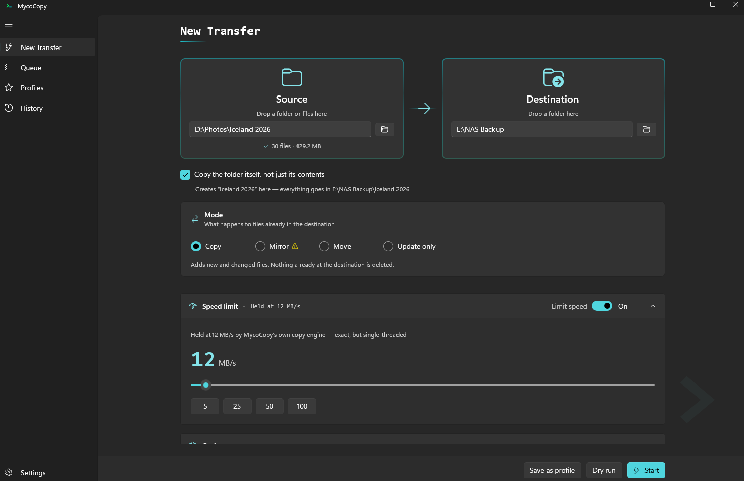 The MycoCopy speed limit panel: a 25 MB/s slider with presets, and a note that the transfer runs on MycoCopy's own copy engine because Robocopy cannot hold an exact rate